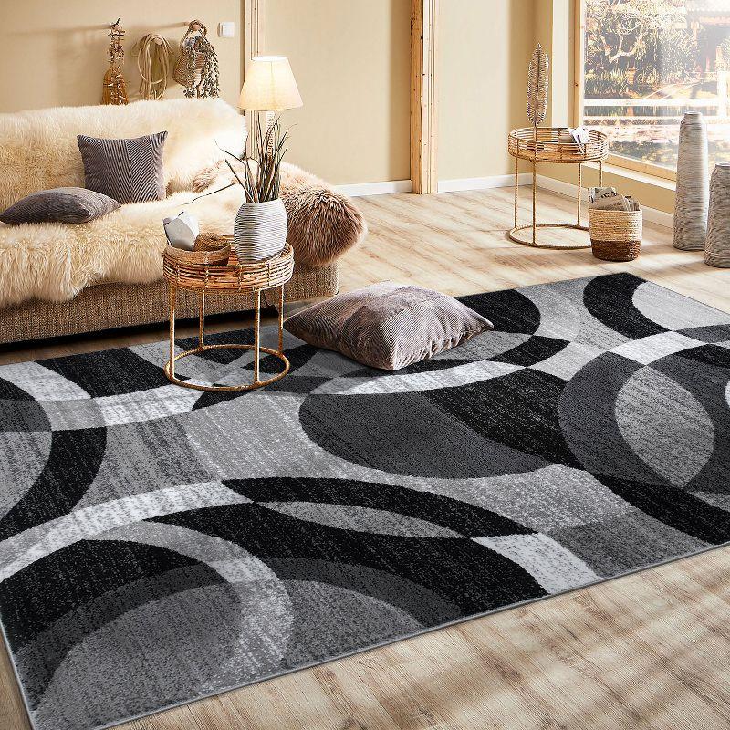 Rectangular Dark Grey Geometric Stain-Resistant Synthetic Rug