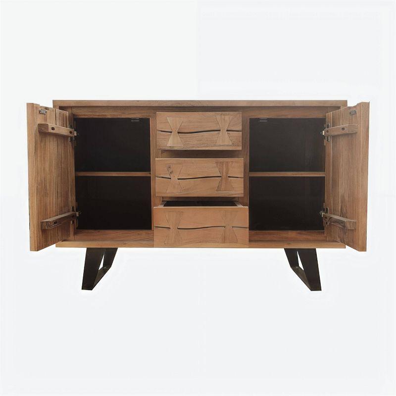 The Urban Port 40" Sideboard Buffet Console with 2 Cabinets Acacia Wood 3 Drawers Black Iron Base Brown/Black