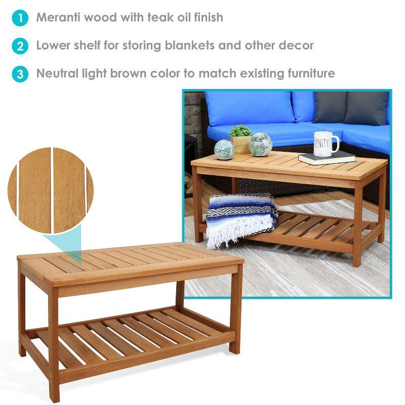 Sunnydaze Outdoor Meranti Wood with Teak Oil Finish Wooden Rectangular Accent Coffee Table - 35" - Brown