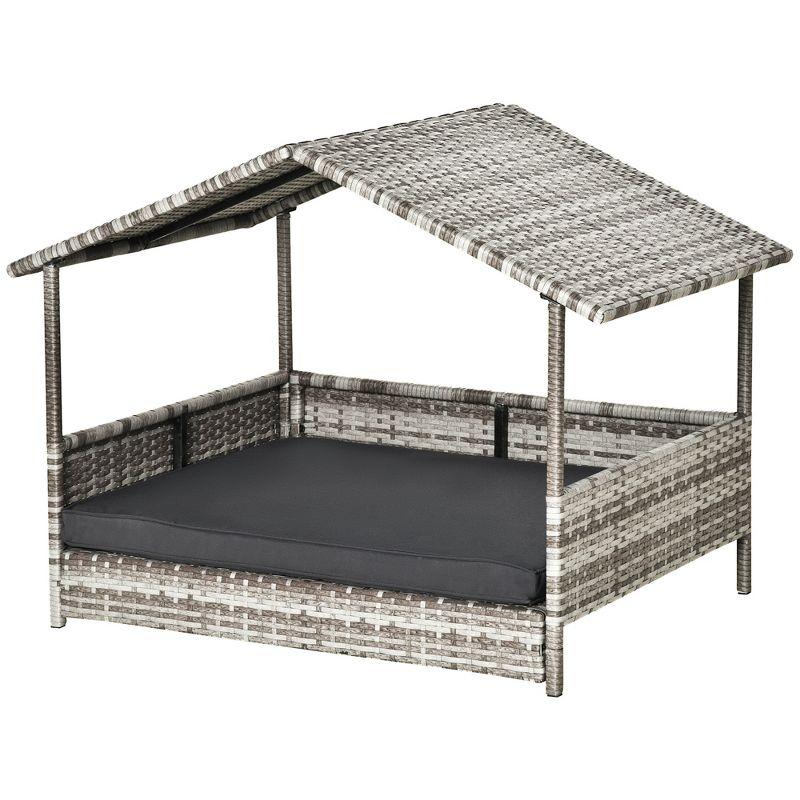 PawHut Wicker Dog House Elevated Raised Rattan Bed for Indoor/Outdoor with Removable Cushion Lounge, Charcoal Gray
