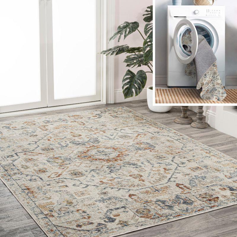 Cream and Terra Synthetic Medallion Washable Area Rug