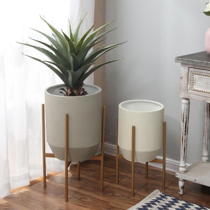 Set of 2 Gray and Off White Metal Planters with Gold Stand