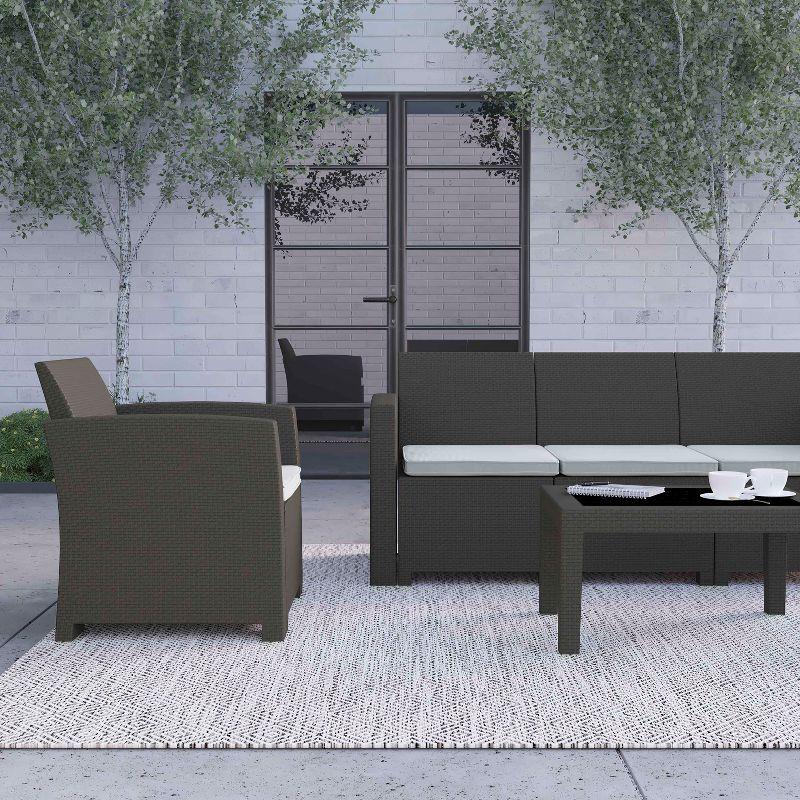 Merrick Lane 4 Piece Dark Gray Faux Rattan Patio Furniture Set with 2 Chairs and Sofa with Removable Light Gray Cushions and Table