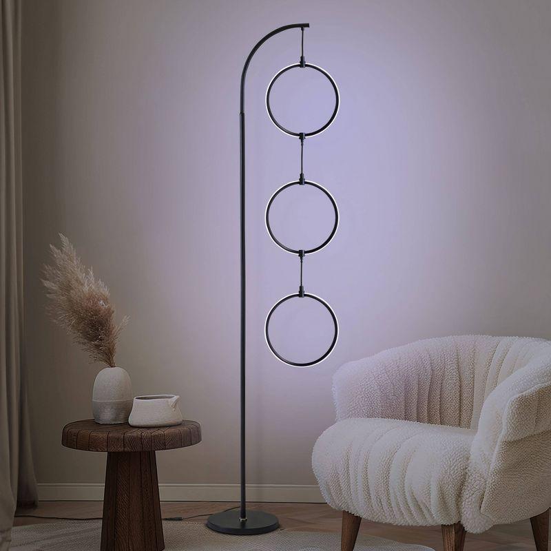 Brightech Nova 74 in. Novelty Industrial 3-Hanging Ring Light LED Standing Floor Lamp with Built-In Color Options
