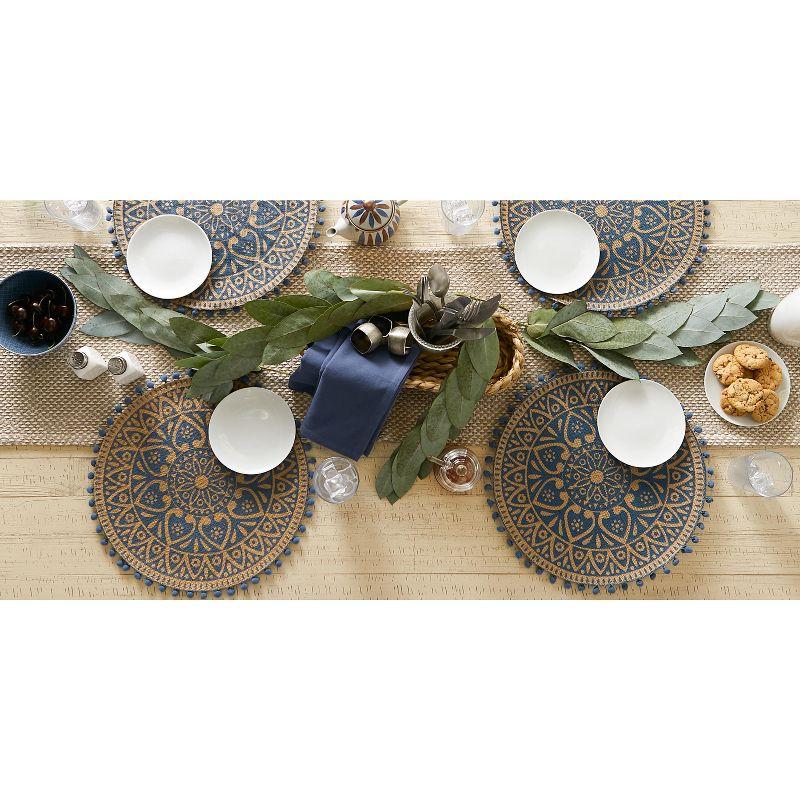 DII Block Print Jute Placemat Set 6 Piece, French Blue Block Print, 15" Dia