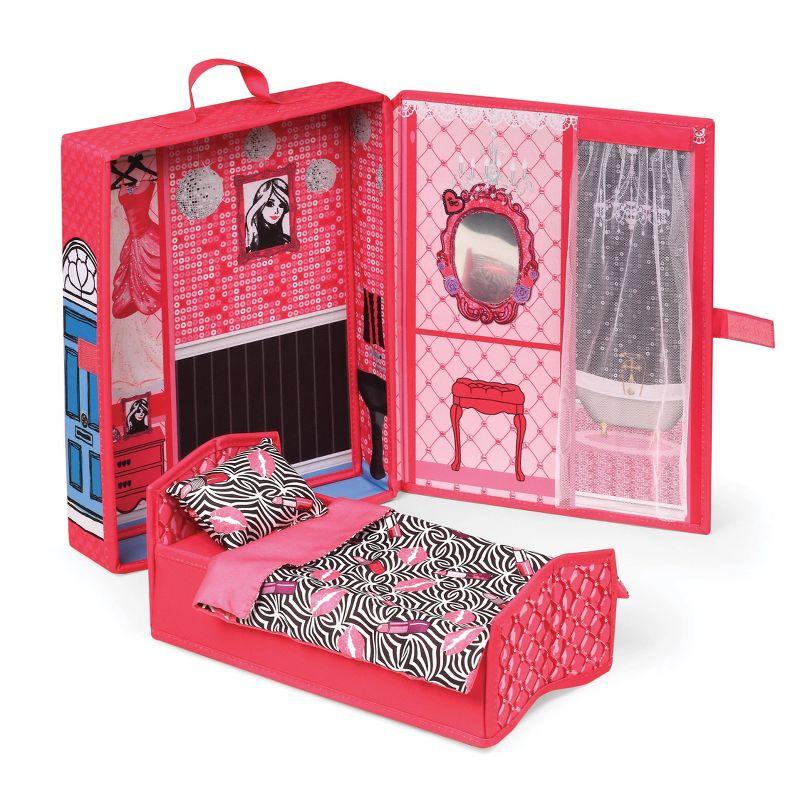 Badger Basket Home & Go Dollhouse Playset Travel & Storage Case with Bed/Bedding for 12-inch Fashion Dolls - Pink/Multi