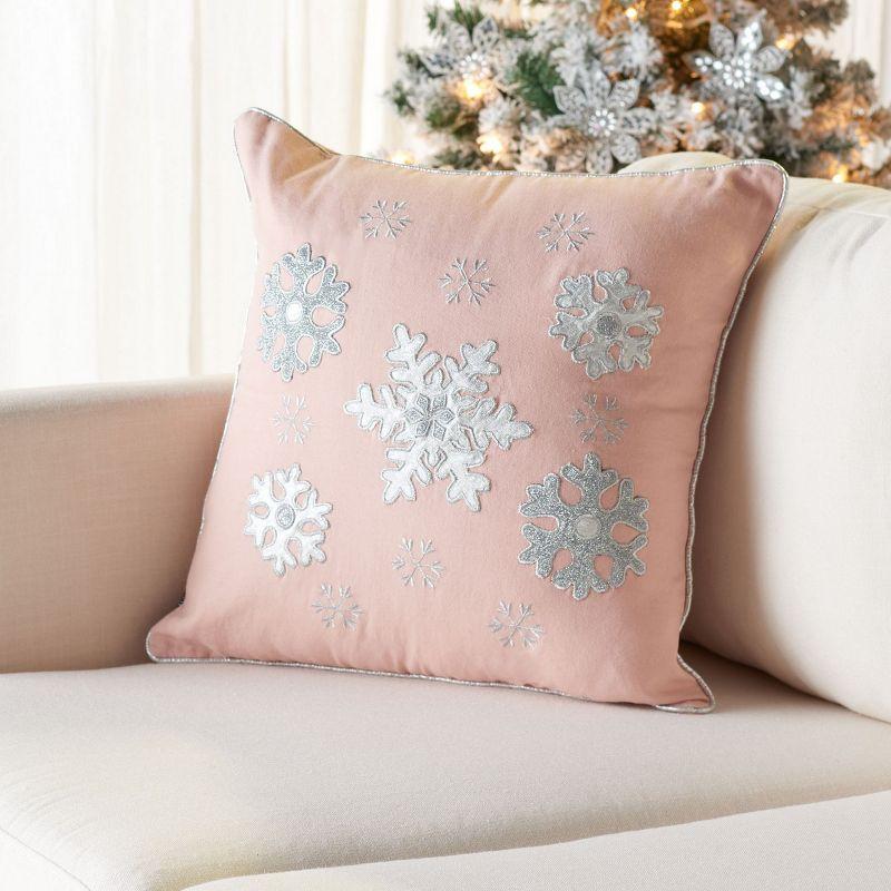 Blush Pink Embroidered Square Snowflake Accent Pillow