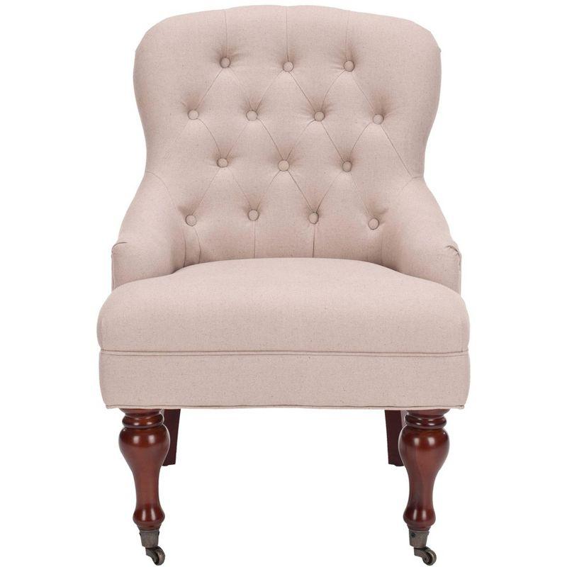 Modern Taupe Linen Arm Chair with Cherry Mahogany Legs