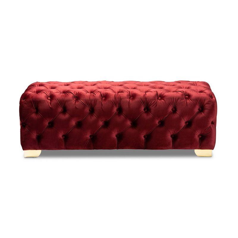 Avara Velvet Button Tufted Bench Ottoman Red - Baxton Studio: Gold Legs, Plywood Frame, Luxurious Bedroom Furniture