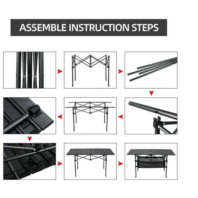 Portable Black Aluminum Folding Camping Table with Mesh Storage