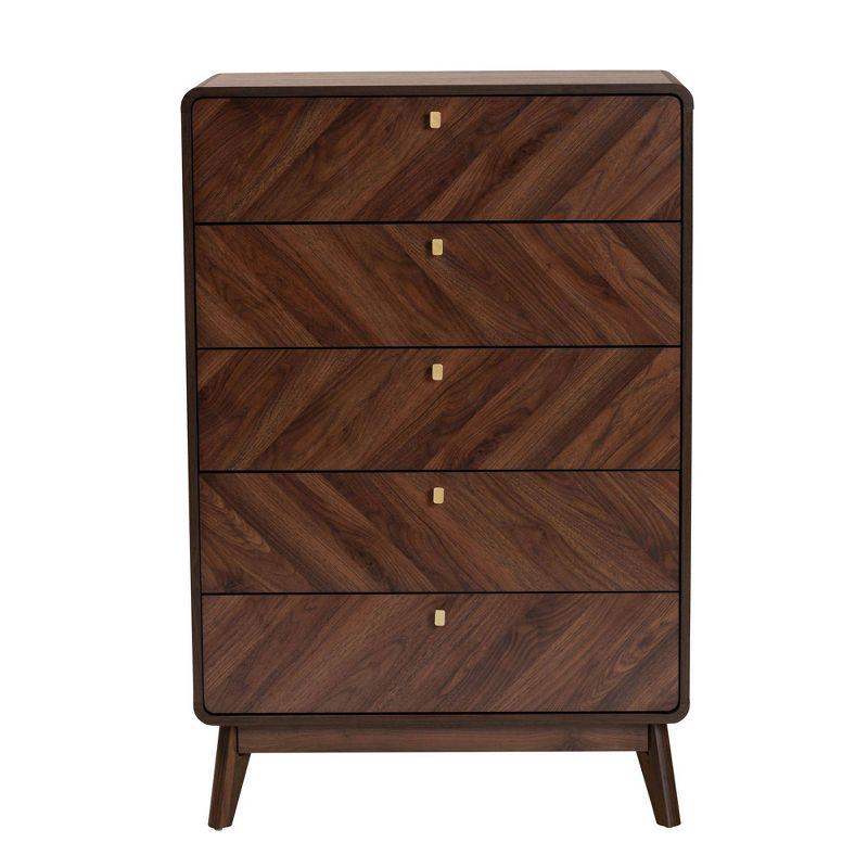 Baxton Studio Markell Wood 5 Drawer Storage Chest Walnut Brown/Gold: Mid-Century Modern Design, Bedroom Organizer