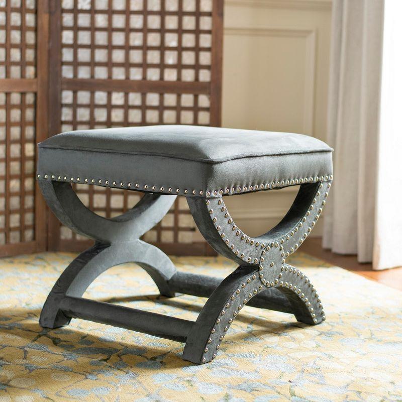 Gray Velvet Ottoman with Silver Nailhead Trim