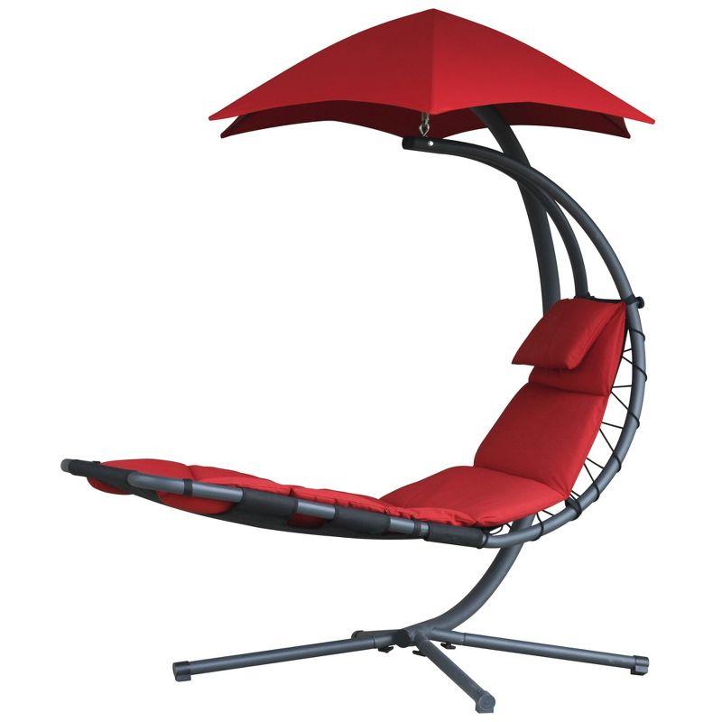 84” Red Outdoor Lounge Chair with Overhanging Umbrella