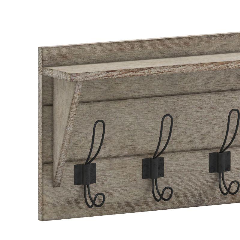 Weathered Pine Wood Wall Mount Storage Rack with 5 Hooks and Shelf