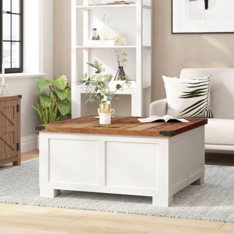 Rustic White and Oak Lift-Top Storage Coffee Table