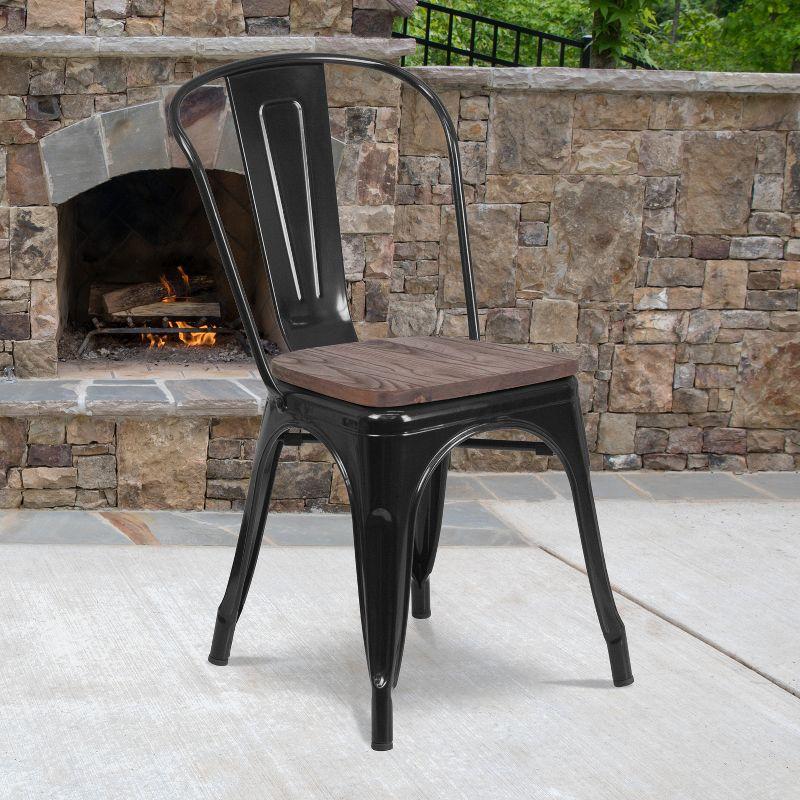 High-Back Black Steel Side Chair with Rustic Wood Seat