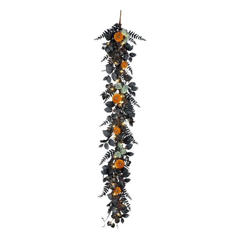 6-Foot Prelit LED Halloween Pumpkin Garland with Black Leaves