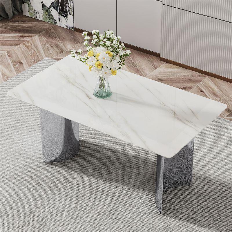 Modern Minimalist Dining Table, White Imitation Marble Glass Sticker Desktop, Stainless Steel Legs, Dining Table For Living Room Dining Room, White