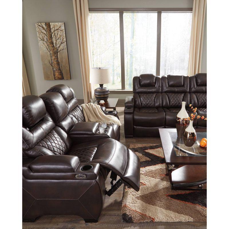 Brown Faux Leather Tufted Reclining Loveseat with Cup Holder