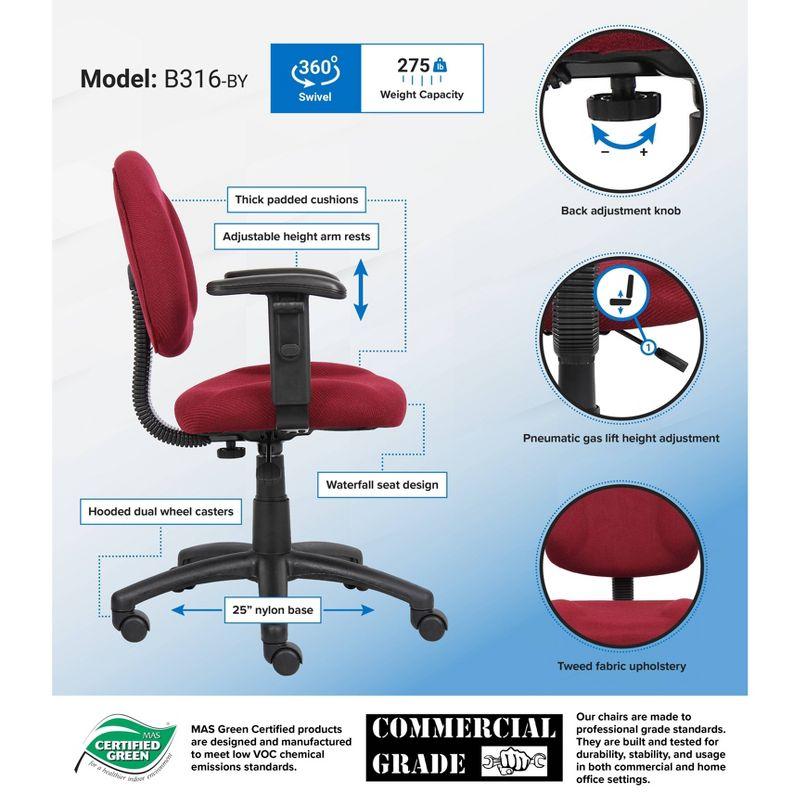Deluxe Posture Chair with Adjustable Arms Burgundy - Boss Office Products: Ergonomic Swivel, Lumbar Support, Metal Frame