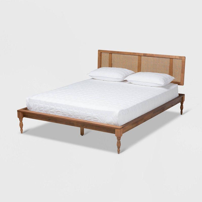 Romy Full Size Walnut Wood and Rattan Upholstered Bed
