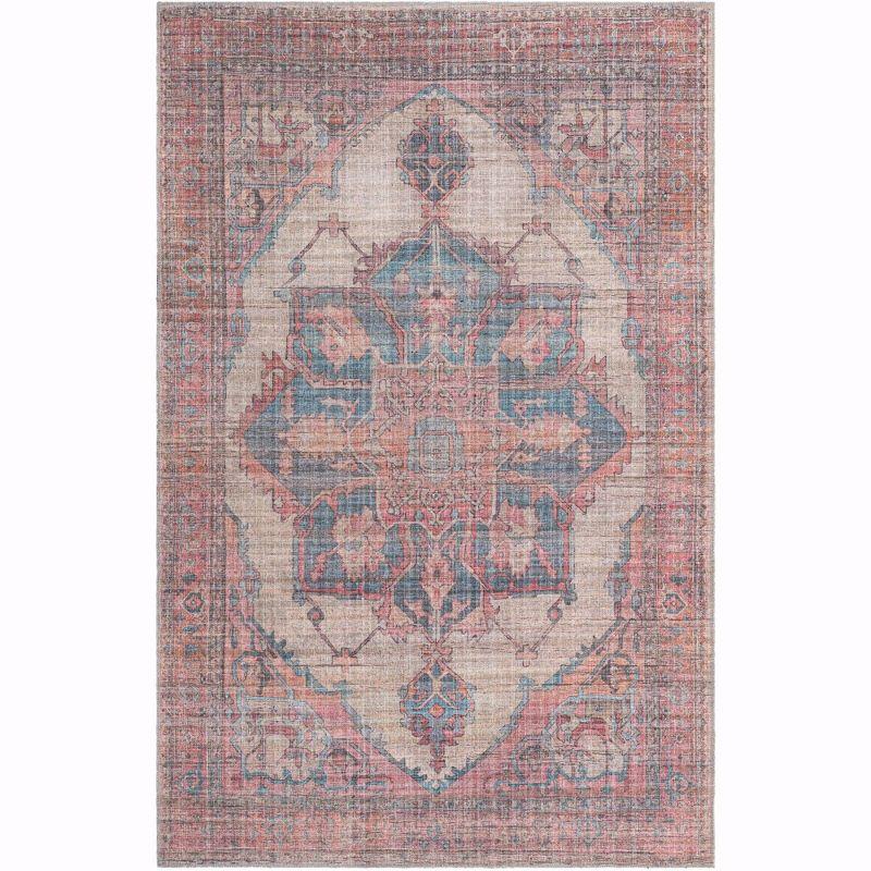 Ivory and Pink Rectangular Washable Synthetic Area Rug