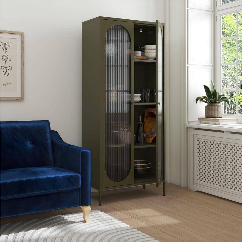 Olive Green Tall Metal Cabinet with Fluted Glass Doors