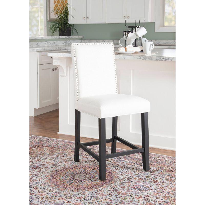 Linon 24" Stewart Padded Back and Seat Faux Leather Upholstered Counter Height Barstool - Glitz White: Elegant Nailhead Trim, Wood Legs