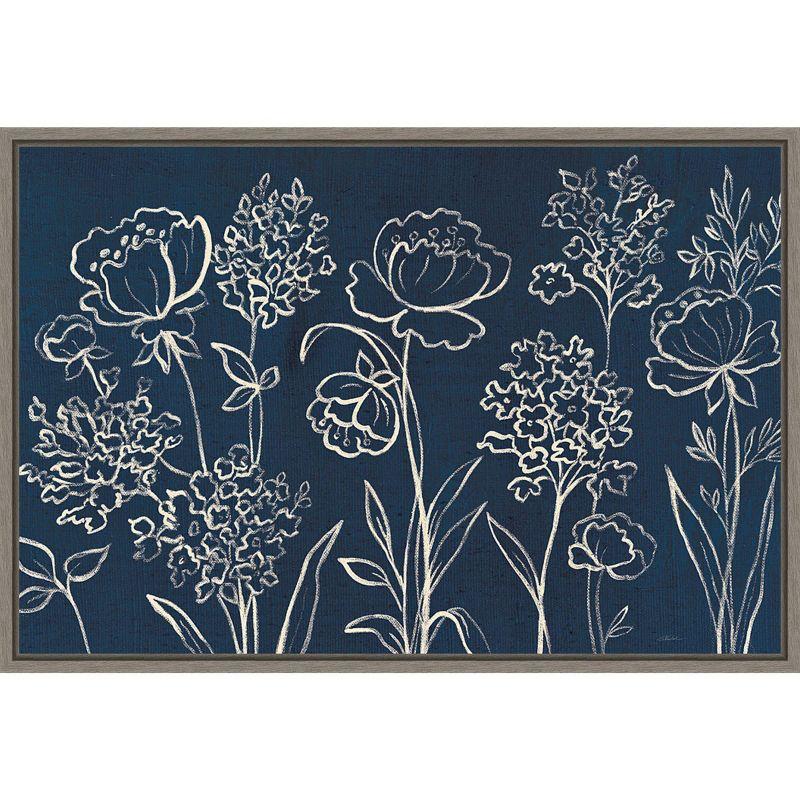 Indigo Floral Abstract Botanical Canvas Print with Gray Wash Frame