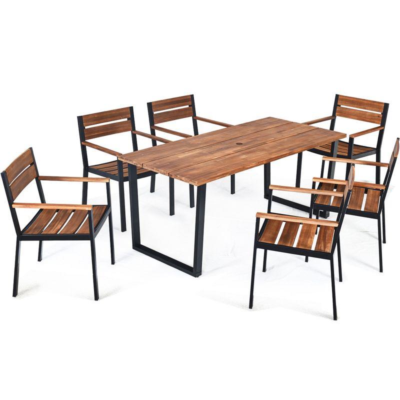 Costway 7PCS Patented Patio Dining Chair Table Set Acacia Wood Backyard W/Umbrella Hole