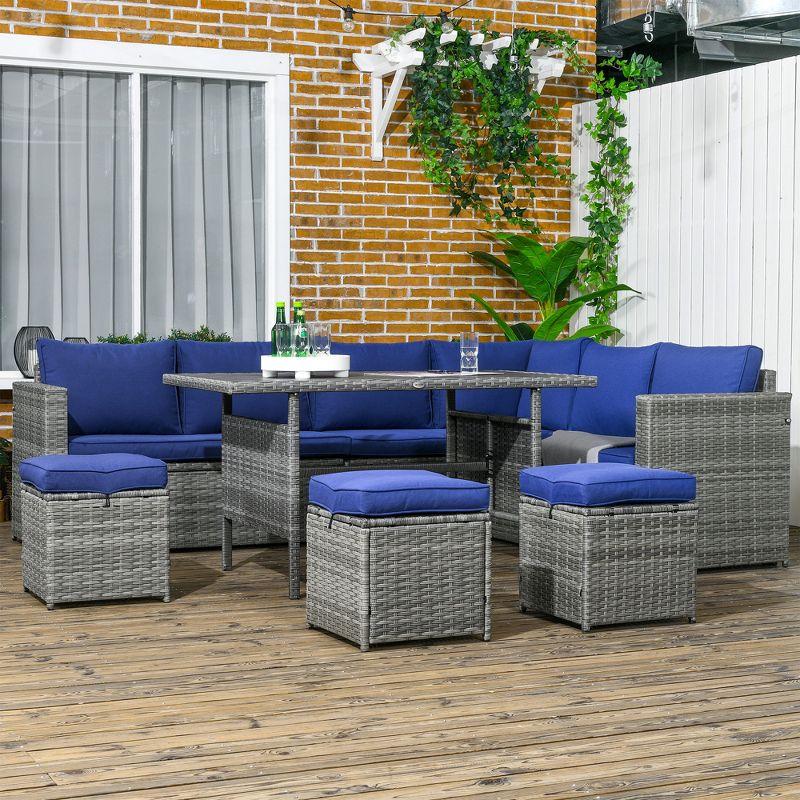 Outsunny 7 Piece Patio Furniture Set, Outdoor L-Shaped Sectional Sofa with 3 Loveseats, 3 Ottoman Chairs, Dining Table, Cushions, Storage, Dark Blue