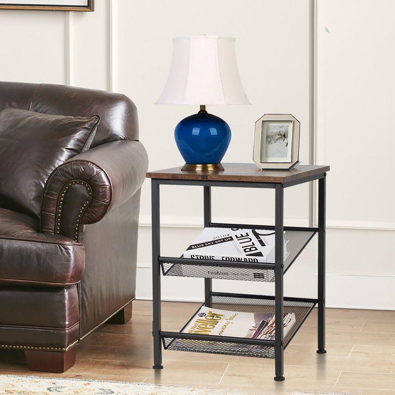 Costway 3-Tier Industrial End Side Table Nightstand W/2 Adjustable Shelves Rustic Brown