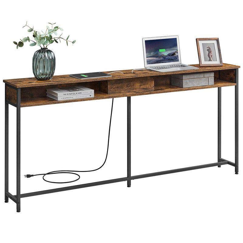 Rustic Brown and Black Console Table with Storage and Charging Ports