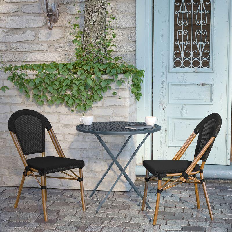 Flash Furniture Marseille Set of 2 Indoor/Outdoor Commercial Bistro Stacking Chairs, Textilene Backs and Seats, Bamboo Print Aluminum Frames