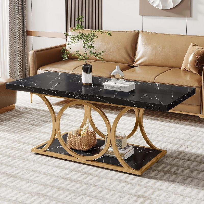 Black Faux Marble and Gold Rectangular Coffee Table with Storage Shelf