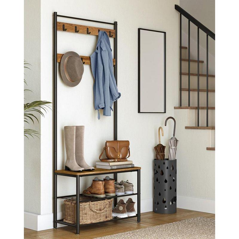 VASAGLE Hall Tree Entryway Coat Rack with Shoe Bench Rustic Walnut and Black
