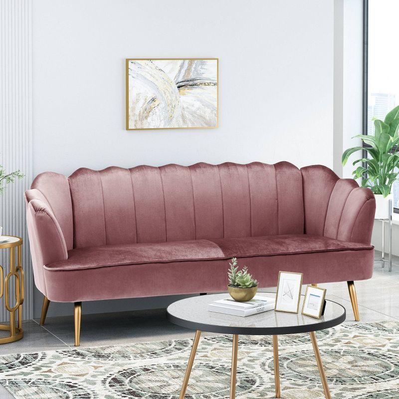 Reitz Modern Glam Velvet Channel Stitch 3 Seater Shell Sofa Blush Pink/Gold - Christopher Knight Home: Durable Iron Legs, Polyester Upholstery