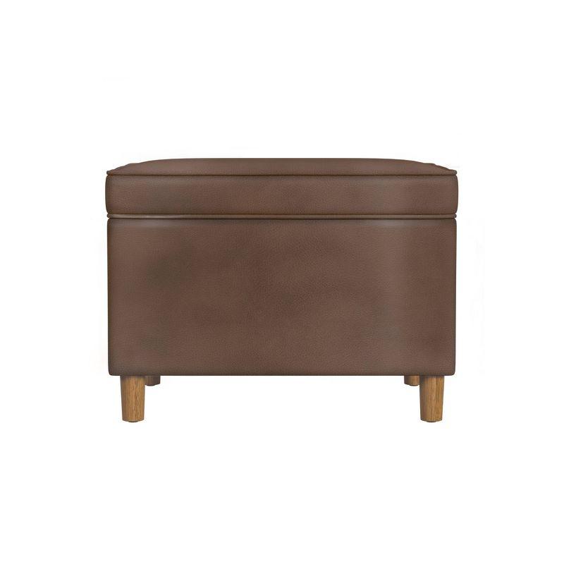 24" Dinah Storage Ottoman Brown Faux Leather - HomePop: Honey Oak Legs, Soft-Close Hinge, Footstool