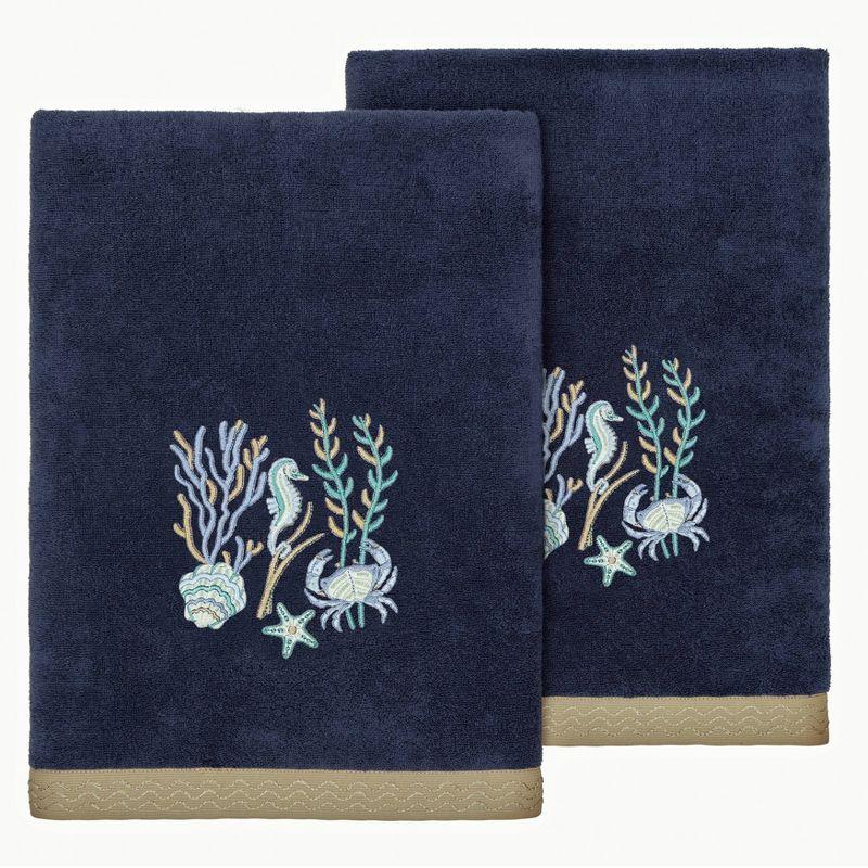 2pc Aaron Design Embellished Bath Towel Set Marine - Linum Home Textiles: Midweight Terry Cloth