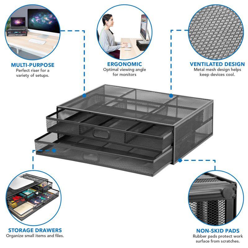 Mount-It! Computer Monitor Stand With Drawers, Metal Mesh Riser & Organizer For Laptops and Computers, Desk Organizer with Two Pullout Storage Drawers