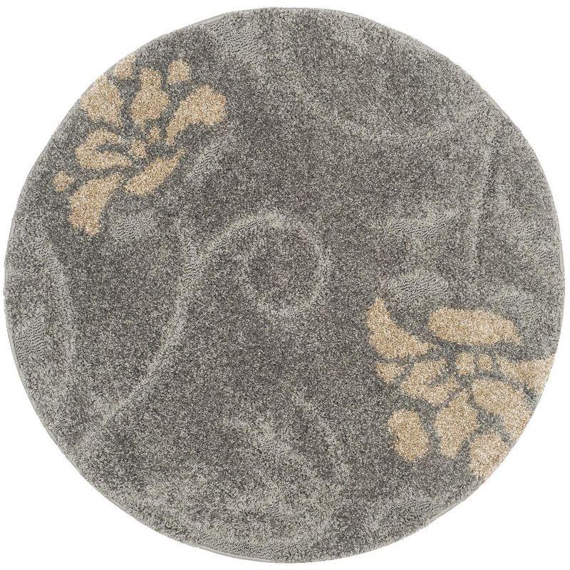 Elegant Floral Shag 4' Round Gray and Beige Synthetic Rug