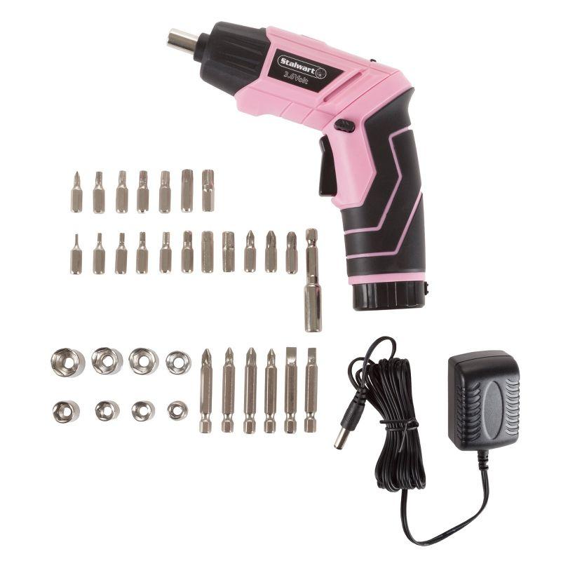 Fleming Supply Pivoting Cordless Power Tool Set - 45 Pieces, Including Screwdrivers, Bits, Sockets, and Case - Pink and Black