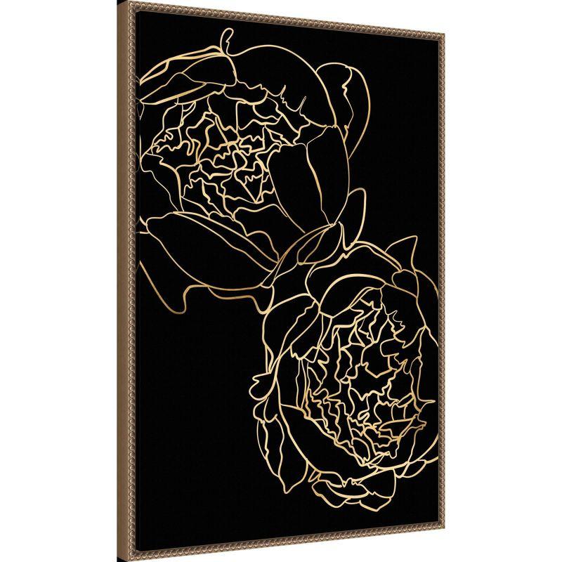 23"x33" Peonies in gold and black by Rosana Laiz Blursbyai Framed Canvas Wall Art Print Bronze - Amanti Art: Vertical Lithograph, Modern Decor