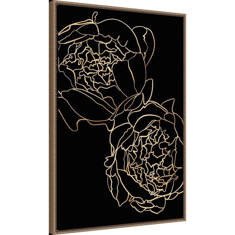 23"x33" Peonies in gold and black by Rosana Laiz Blursbyai Framed Canvas Wall Art Print Bronze - Amanti Art: Vertical Lithograph, Modern Decor