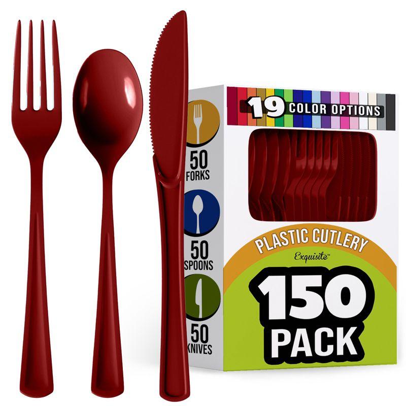 Exquisite Burgundy Plastic Utensil Cutlery Set Forks Spoons Knives- 150 Pack