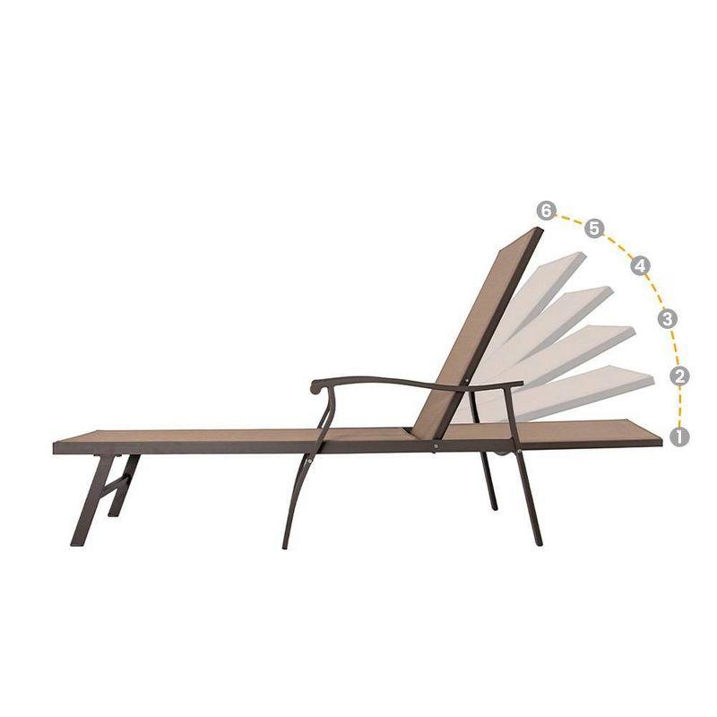 Elegant Brown Aluminum Adjustable Outdoor Chaise Lounge with Curved Armrests