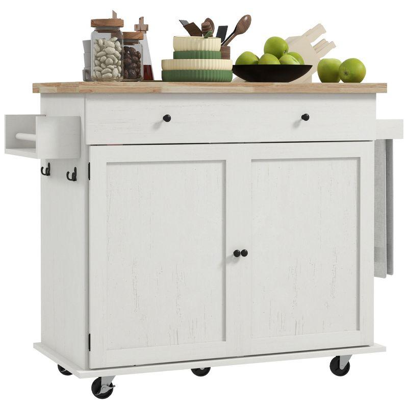HOMCOM Rolling Kitchen Island with Storage Drawer, Wood Breakfast Bar Kitchen Island Cart 2 Doors, Spice Rack, Towel Racks and 2 Hooks, White