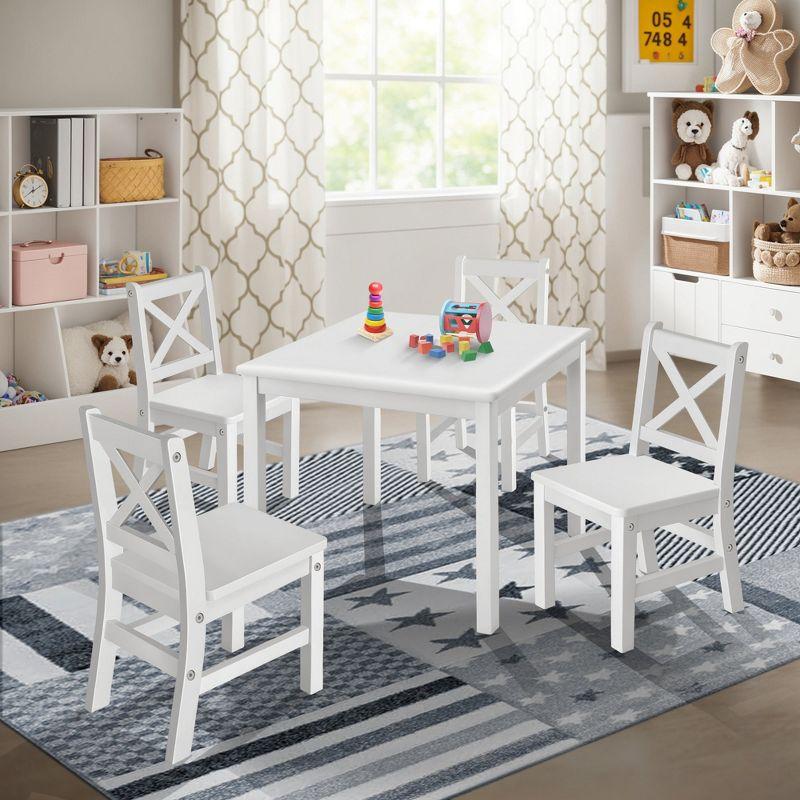 eHemco Solid Hard Wood Kids Table and Chair Set (4 Chairs Included), 5 Piece Set, White