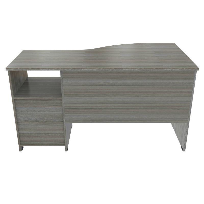 Curved Top Desk Smoke Oak - Inval: MDF Composite Office Table with File Drawer & Open Storage Shelf