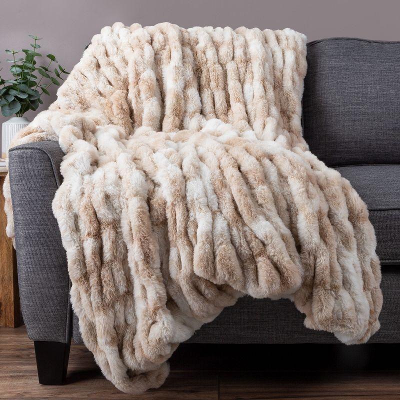 Oversized Ruched Faux Fur Blanket - 60x80-Inch Jacquard Faux Fur Queen-Size Throw for Sofas and Beds - Luxurious Bedding by Lavish Home